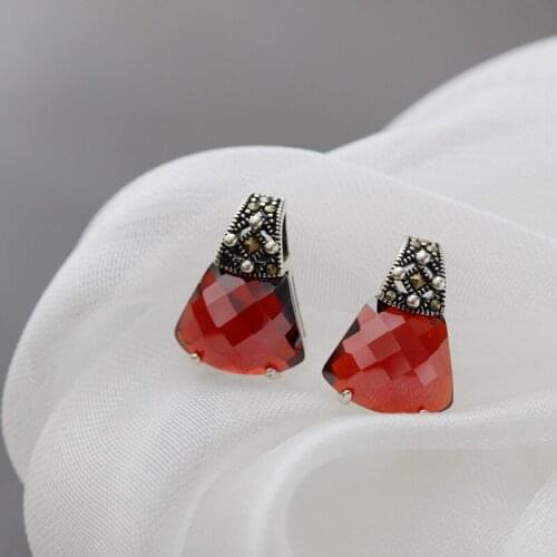 Authentic 925 Sterling Silver Earring Lady Retro Style Charm Inlaid Artificial Red Zircon Earstuds Women Party Fine Jewelry Gift
