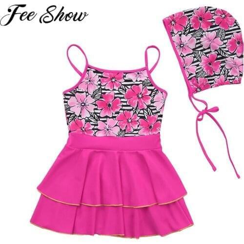 2Pcs Kids Girls Swimming Suits Adjustable Straps Sleeveless Open Upper Back Layered Dress with Hat Beach Swimwear Bathing Suits