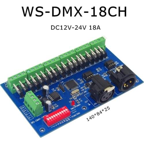 DMX512 LED Controller RGB Controller WS-DMX-18CH 18 Channels 12V-24V Decoder Controller Dimmer for RGB LED Strip Lamp Light