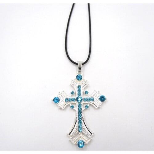 1pc Cute Girls Kids Women Blue Rhinestone Cross Pendant Pu Leather Chain Necklaces Party Dress-UP Gift Jewelry For Children