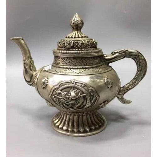 China White copper Dragon Motif Flagon teapot crafts statue
