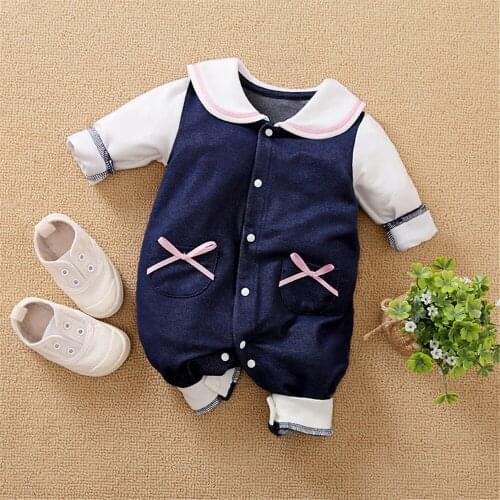 Newborn Navy Baby Rompers Doll Collar Ribbons Baby Girl Clothes For Newborn Baby Overalls Fashion Costume Baby Girl Jumpsuit