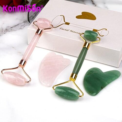 Konmison 2pcs Natural Jade Roller Face Body Slimming Gua Sha Scraper Beauty Facial Roller Set Gouache Stone Massage Face Lifting