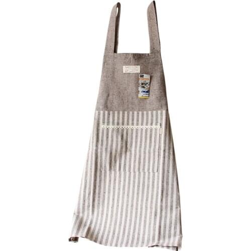 Women Girls Beautiful Home Cloth Stitching Striped Large Pockets Cotton Linen Kitchen Cooking Oil Cleaning Apron Customize LOGO