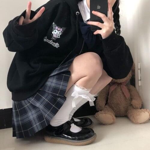 Preppy Jacket Spring Autumn Japanese College Style Cute Cartoon Print Loose Plus Fleece Thick Hooded Coat Girl Student Kawaii