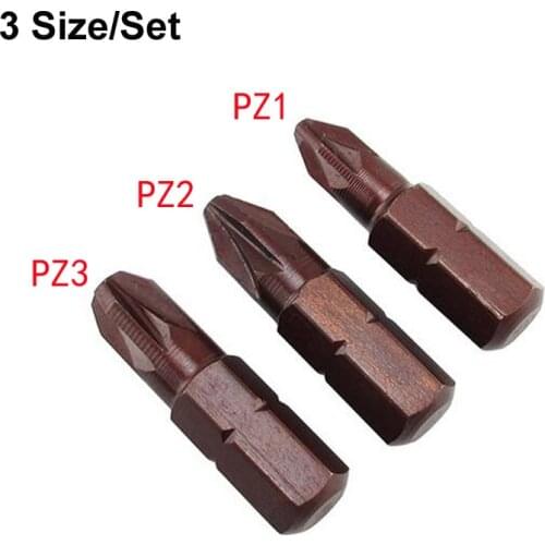 3Pcs 1/4" PZ1 PZ2 PZ3 Hex Pozi Screwdriver Bits Tools Set Kit 25MM Longth Bronze Color