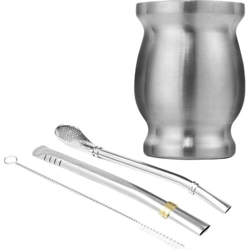 Double-Wall Stainless Yerba Mate Gourd Tea Cup Set Coffee Water Cup with 2 Bombillas Straws Spoon&Clean Brush 8Oz