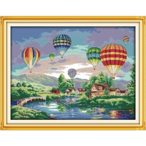 Joy Sunday Bright Hot Air Balloon Cross Stitch Embroidery Set Print and Count DMC Children DIY Needlework Set Home Decor Gift