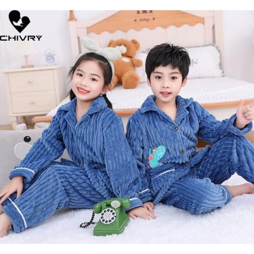 New 2021 Kids Flannel Pajama Sets Boys Girls Autumn Winter Thicken Warm Home Wear Cartoon Dinosaur Lapel Sleeping Clothing Sets