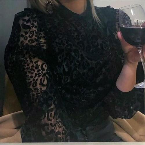 Translucent Shirt Animal Print Hard Yarn Shirt Early Spring 2021 New Vertical Collar Puffy Long Sleeve Shirt with Lining Velvet