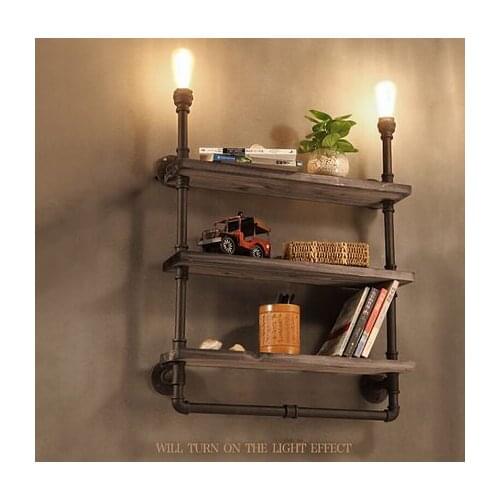 Retro Loft Shelf Wood Wrought Iron Pipe Wall Lights Edison E27 110V/220V Wall Lamp Luminaria for Cafe Bar Home Decoration