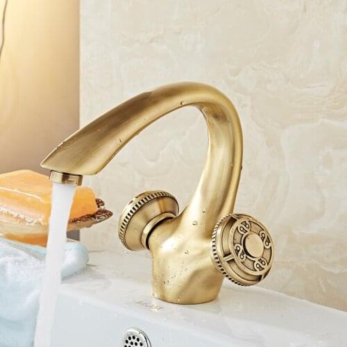 Carved Antique Washbasin Mixer Single Hole Hot and Cold Kitchen Taps Bathroom Basin Golden Copper Faucet Dual Holder