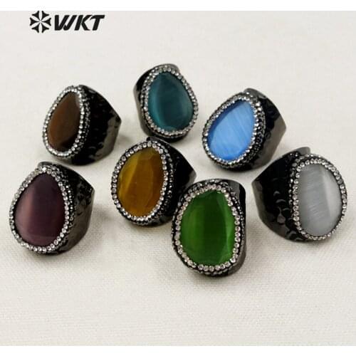 RR024 WKT New Arrival Cat Eye With High Quality Rhinestone Pave Irregular Shape Gun Black Color Adjustable Ring For Women