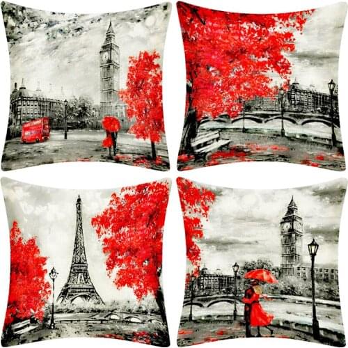 Wartercolor Romantic Paris & London Cushion Cover Eiffel Tower & The Big Ben Print Pillow Case Valentine Lovers Throw Pillows