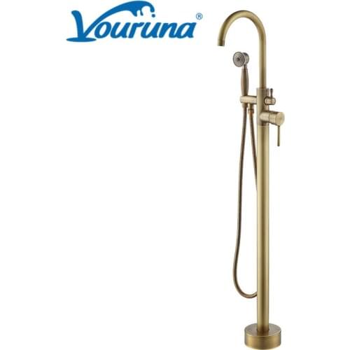 VOURUNA Antique Brass Free Standing Bathtub Faucet Floor Mounted Bath Tub Filler Tap Round Style