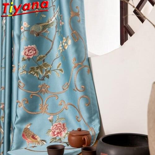 Chinese Style Flowers and Birds Embroidered Curtains for Living Room Blue Modern Canary Window Drapes for Bedroom*VT