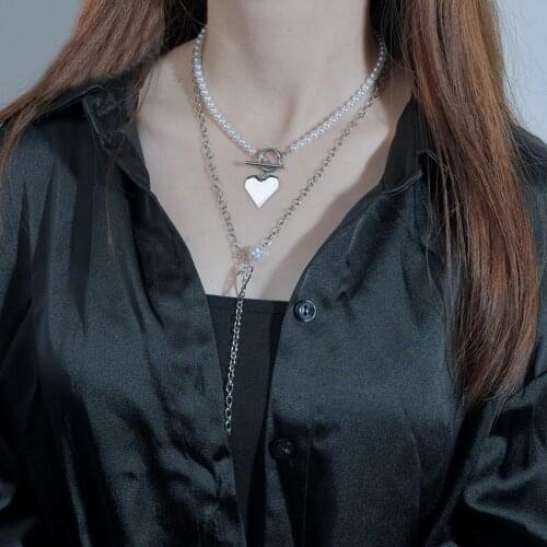 Pearl Beaded Necklace Female Stainless Steel Chain Peach Heart Pendant Necklace Jewelry Accessories Collares Kpop