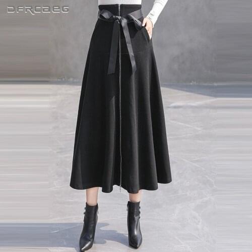 Black Warm Elegant Women Long Wool Skirts With Bow 2020 Winter High Waist Ladies Zipper A-Line Woolen Skirt Female Saia Longa