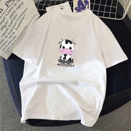 Cartoon T Shirt Women Cow Print Kawaii Short Sleeve Shirt O-neck Harajuku Top Summer Loose New Fashion Graphic Tee Cute Clothes