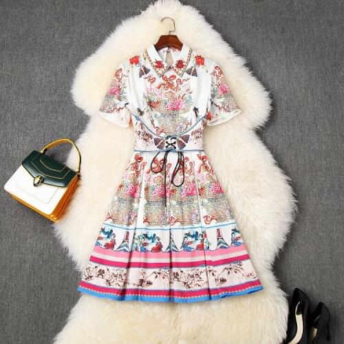 American European womens and clothing 2021 summer new style Short sleeve stud lapel printing Waist sealing Fashionable dress