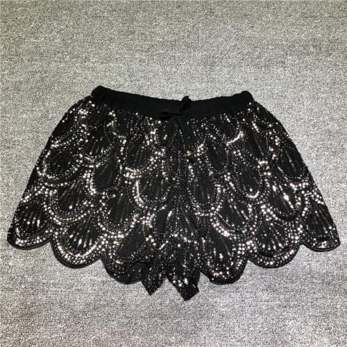 Sidaimi Women Lurex Sequined Shorts Shiny Short Pants Embellish Beading Waves Bohemian Slim Girls Sexy Short Black Off white