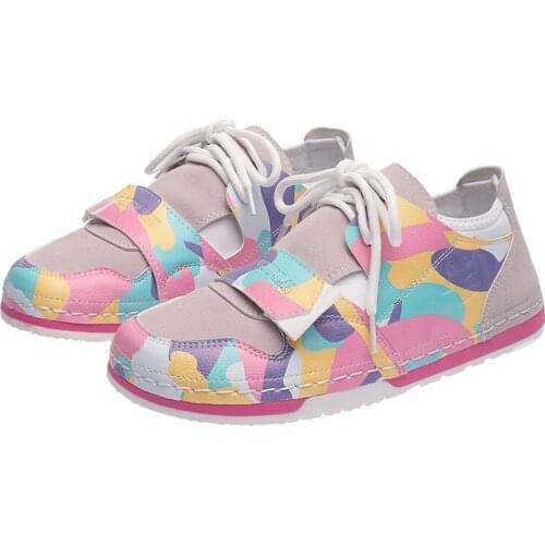 2021 New Large Size Color Matching Leather Suede Low-top Womens Sports Casual Shoes Ladies Camouflage Flat Shoes