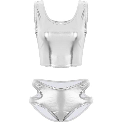 Women Exotic Set Shiny Scoop Neck Tank Sexy Crop Top Bikini Booty Shorts Hollow Out Low Rise Mini Briefs Cheerleading Outfit