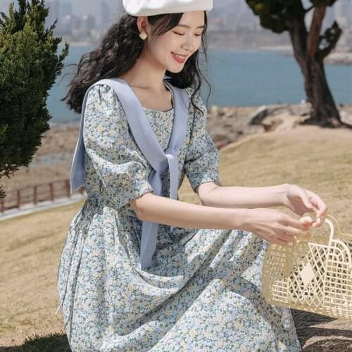 Women Dress England Style A-LINE Printing 2021 Summer New Lady Trending Dresses Puff Sleeve Casual Long Veseido Femme