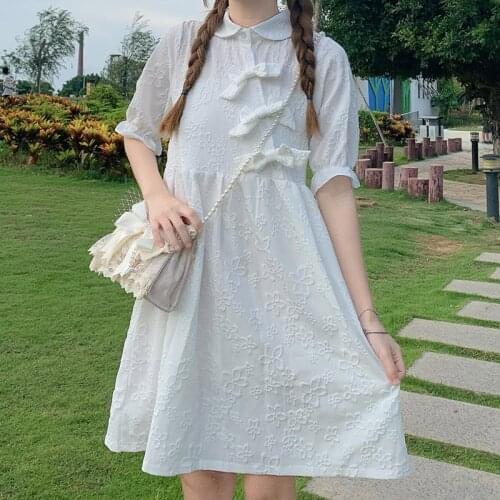 Sweet Vintage Dress Women 2021 Summer Short Sleeve Loose Casual White Cute Bow Dresses Kawaii Lolita College Style Girl Dress