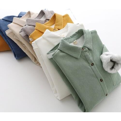 Winter Womens Thick Fleece Solid Long Sleeve Korean Velvet Corduroy Shirt Office Loose Turn-down Collar OL Shirts Lady T17003X