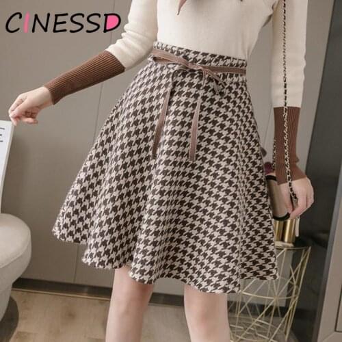 2020 Spring Women Houndstooth Skirt Korean High Waist Plaid Wool Skirt Casual A-line Plus Size Mini Woolen Skirt Ball Gown Saias