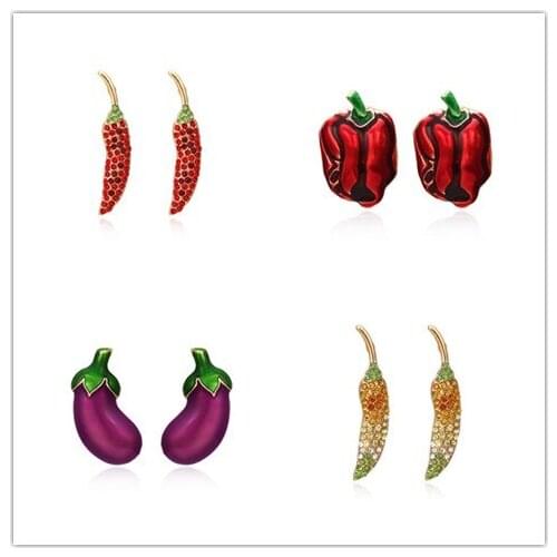 2021 Cute Vegetables Eggplant Earrings womens Fashion Funny Ear Jewelry New Diamond Chili Personality Gifts