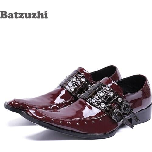 Batzuzhi Luxury POP Men Shoes Rock Genuine Leather Dress Shoes Men Handmade Fashion Wine Red Men Wedding Shoes Party/Prom, EU46