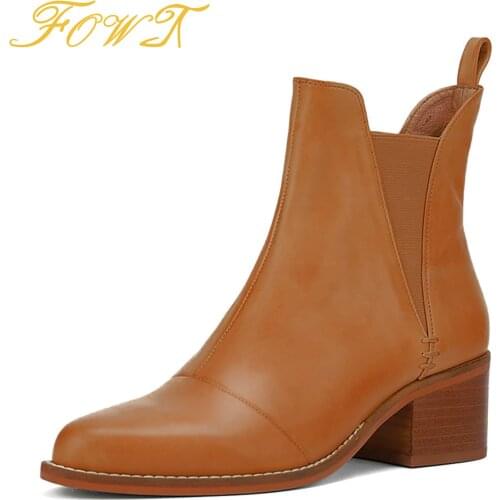 Brown Women' Ankle Boots Sewing Low Chunky Heels Round Toe Booties Large Size 11 15 Ladies Winter Office Shoes Fashion FOWT