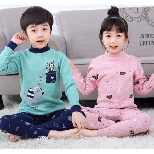 Childrens Pajama Suit Cotton Kids Boys Girls Cartoon Long Sleeve Cute T-Shirt With Pants Toddler Baby Sleeping Clothes
