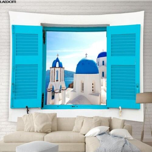 Ocean Window View Tapestry Greece Beach Scenery Green Plant Flower Vines Natural Landscape Wall Hanging Hotel Bedroom Home Decor
