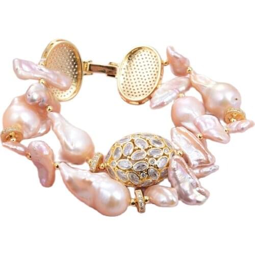 GG Jewelry 2 Rows Natural Nucleated Flameball Baroque Pearl Biwa Pearl Bracelet Cubic Zirconia Pave Gold Filled Clasp 8"