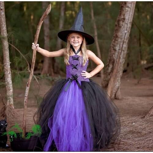 Girls Maleficent Evil Queen Witch Tutu Dress Kids Crochet Tulle Dress Ball Gown with Black Hat Children Halloween Costume Dress