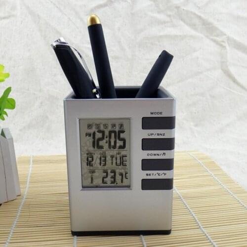 Multi Function Pen Pot LED Digital Alarm Clock Office Electronic Desk Clock With Calendar Thermometer School Supplies FC