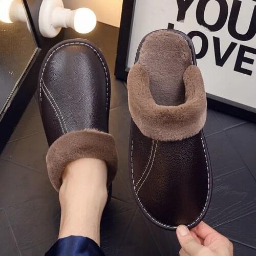 Mens house slippers genuine leather home flats unisex winter autumn indoor plush shoes for man women slippers