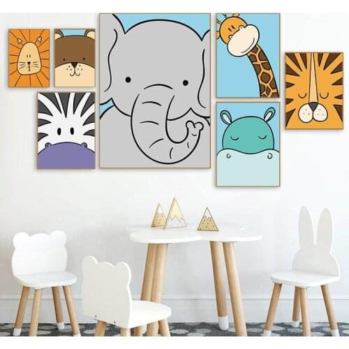 Child Poster Baby Nursery Wall Art Canvas Print Cartoon Animal Giraffe Elephant Lion Children Room Bedroom Home Decoration
