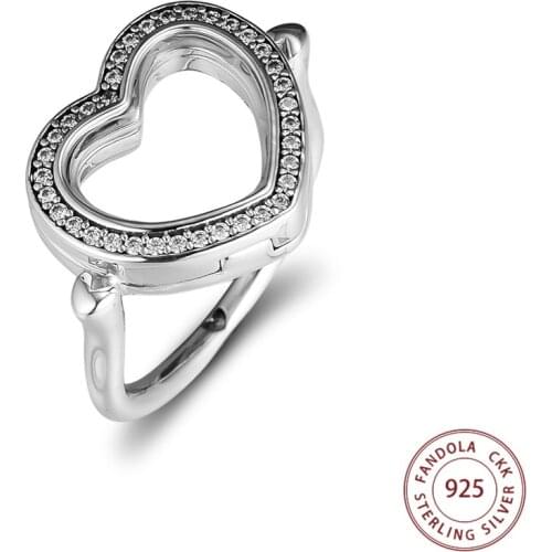 Genuine 925 Sterling Silver Sparkling Floating Heart Locket Rings For Women Men Wedding Jewelry bague femme