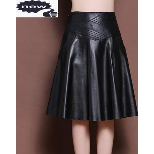 New Fashion Brand Latest Korean Womens Genuine Leather Sheepskin A-Line Skirts Female High Waist Indie Folk Knee Length