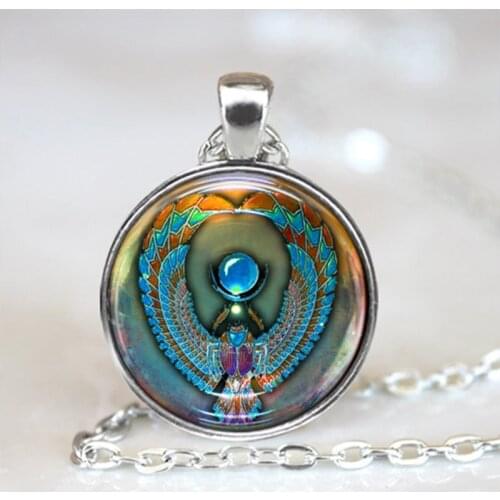 Retro Egyptian Scarab Photo Chain Necklace Symbol of Strength Glass Cabochon Pendant Egypt Amulet Charm Statement Jewelry