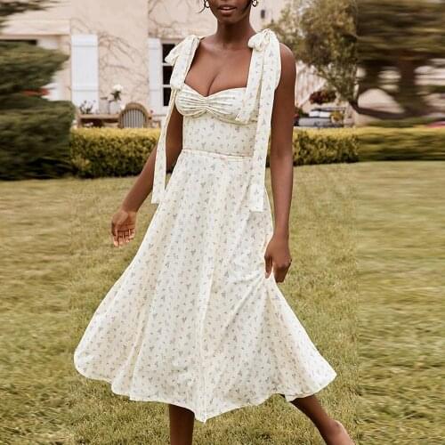 2020 Floral Printed Midi Dress Robes Sexy Side Split Long Dress Bowknot Spaghetti Strap Party Dresses For Women Vestidos