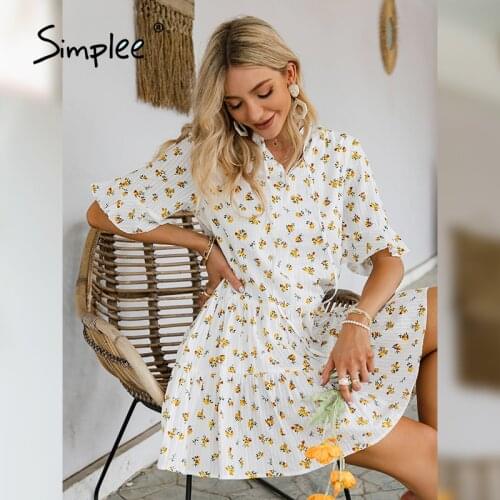 Simplee Lace up v-neck yellow bright floral print dress Elegant short beach picnic dresses Holiday vacation summer dress 2021