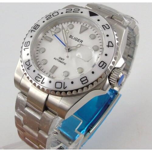 Simple BLIGER 40MM White Mens Watch GMT Mechanical Watch Automatic Movement Date Maginifier SS Strap