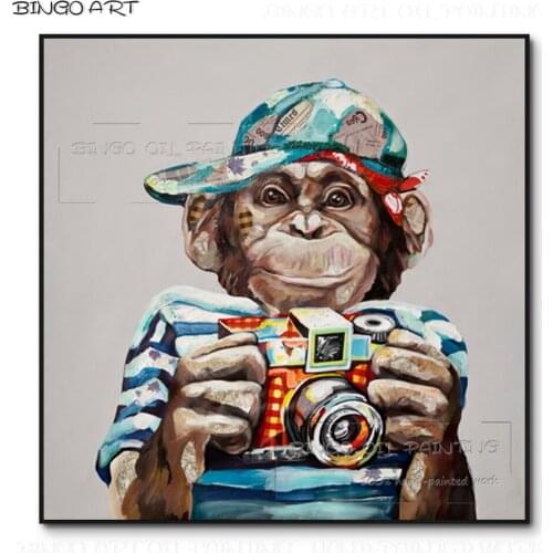 Handmade High Quality Animal Funny Double Monkey take Photo Oil Painting on Canvas Lovely Monkey Take Photograph Oil Painting