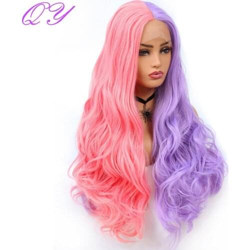 Synthetic Lace Front Womens Wig Half Pink And Half Purple Long Natural Curly Cosplay Wigs For Women Adjustable Size Women Wigs