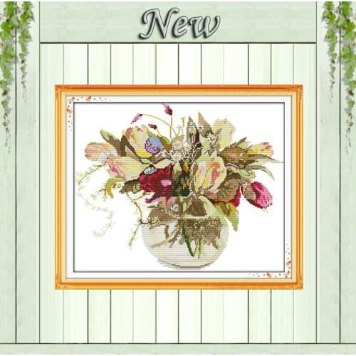 The tulip vase Flower,counted print on canvas DMC 11CT 14CT Cross Stitch kits,needlework embroidery Set,colorful flowers basket